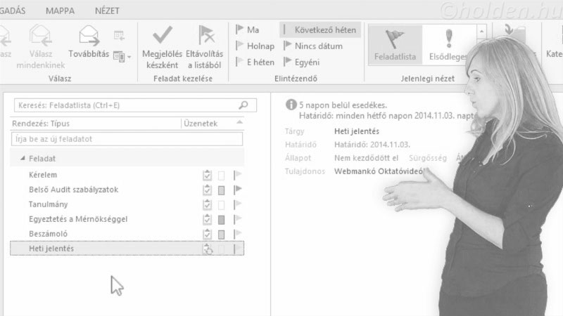 Outlook Oktatóvideó, Feladatok, , Saját feladat, Új feladat, ismétlődés, feladat állapota, kategorizálás, állapotjelentés, feladatlista.