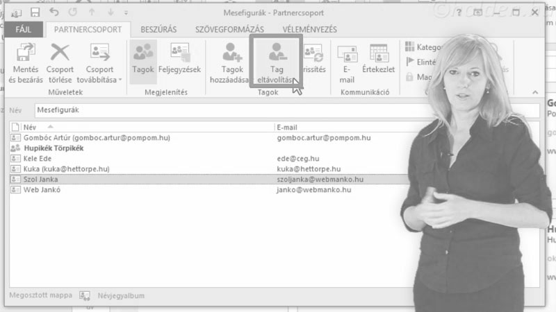 Outlook Oktatóvideó, Névjegyalbum, , Partnercsoport, Új csoport, tagok felvétele, levélben hogy használom, névjegy továbbítása.