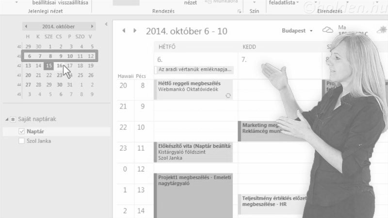 Outlook Oktatóvideó, Naptár, , Beállítások és nézetek, Emlékeztető, ünnepnapok, munkahét és munkaórák beállításai. Nap/Hét/Hónap nézetek, aktív programok listája, szűrők.