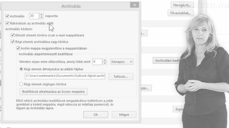 Outlook Oktatóvideó, Üzenetkezelés, , Postaláda karbantartása, Archiválás, mappa és fiókméret, korlátok, törlés.