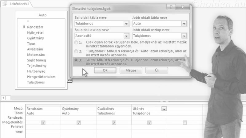Access Oktatóvideó, Lekérdezés, , Illesztések, Táblakapcsolatok lekérdezésben (INNER JOIN, LEFT JOIN, RIGHT JOIN)