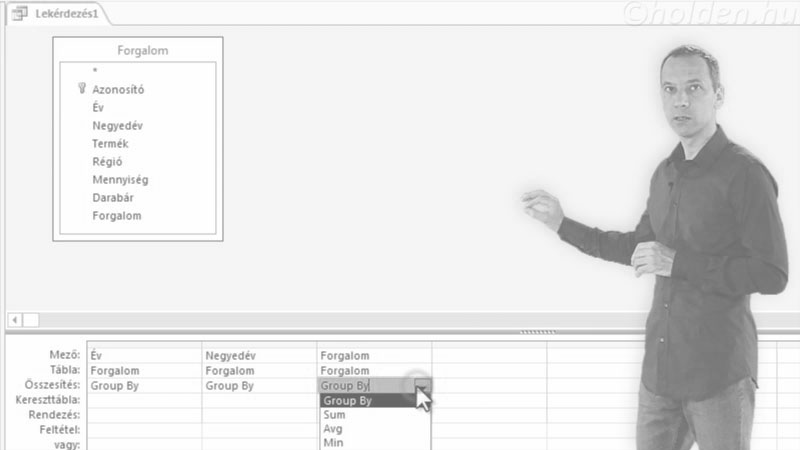 Access Oktatóvideó, Lekérdezés, , Kereszttábla, Kereszttáblás lekérdezések beállításai