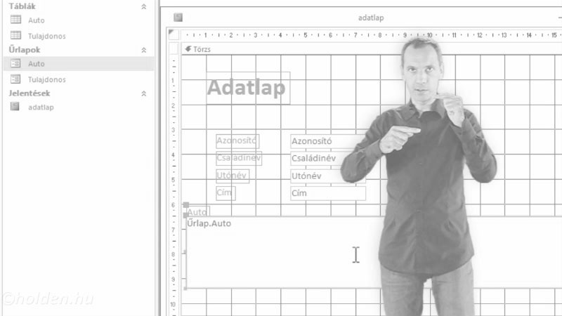 Access Oktatóvideó, Objektumkapcsolatok, , Jelentés, Aktuális rekord adatainak nyomtatása formázott jelentés segítségével.