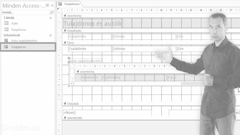 Access Oktatóvideó, Jelentés, , Segédjelentés, Több tábla adatainak nyomtatása rendezett formában.