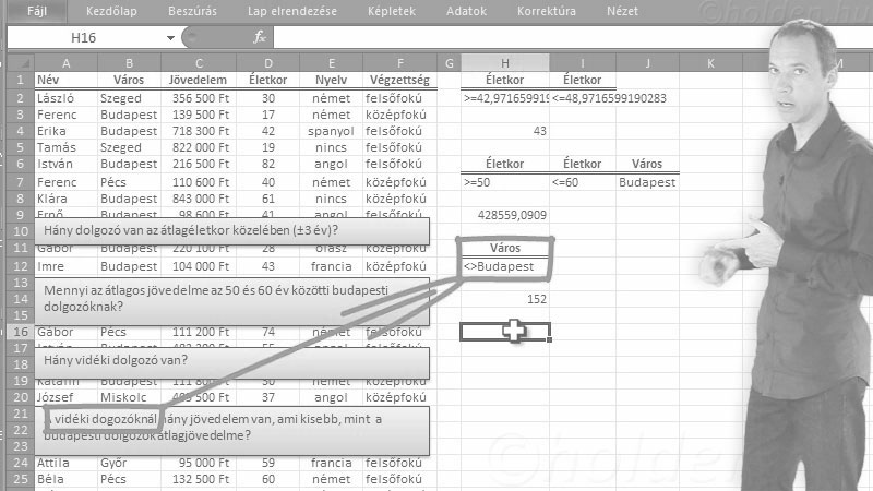 Excel Oktatóvideó, Adatbázis függvények, Kritériumtábla
AB.SZUM
AB.DARAB
AB.ÁTLAG
AB.MAX, Adatbázis függvények II., Összetett kritériumtáblák felépítése.