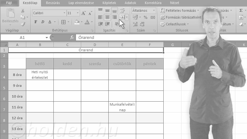 Excel Oktatóvideó, Excel alapok, munkafüzet, munkalap, cella fogalma,
cellakitöltés (sorozatok, másolás),
cellaformázások,
sor/oszlop műveletek,
számformátumok,
dátum kezelés,
oldalbeállítás,
fejléc/lábléc,
nyomtatási beállítások, Cellaformázás, Cellák, sorok oszlopok formázása.