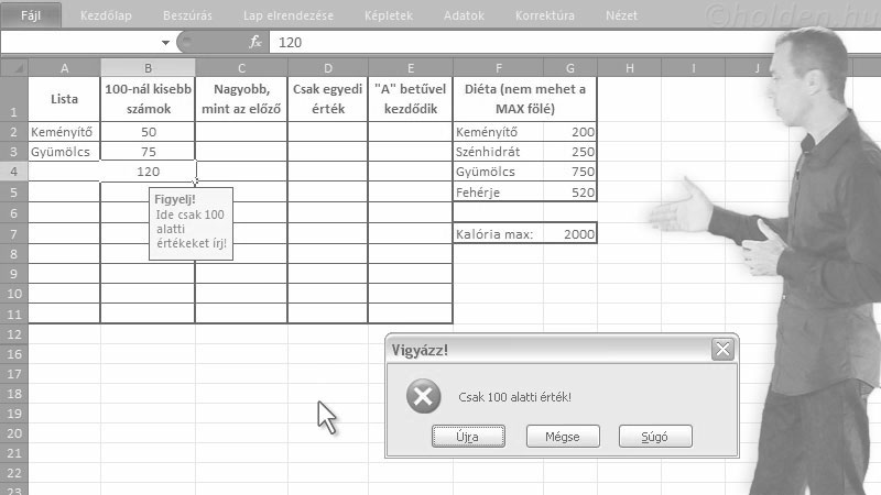 Excel Oktatóvideó, Listakezelés II., Árajánlat, Házipénztár, Útnyílvántartás, Projektmenedzselés, Érvényesítés, Hozzunk létre szabályokat, mit engedünk begépelni egy cellába.