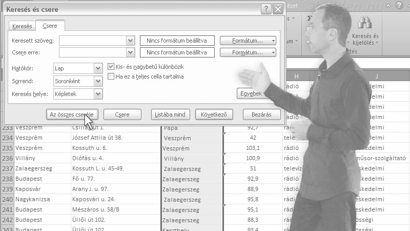Excel Oktatóvideó, Excel alapok, munkafüzet, munkalap, cella fogalma,
cellakitöltés (sorozatok, másolás),
cellaformázások,
sor/oszlop műveletek,
számformátumok,
dátum kezelés,
oldalbeállítás,
fejléc/lábléc,
nyomtatási beállítások, Keresés és Csere, Szöveg keresés és cseréje a cellákban.