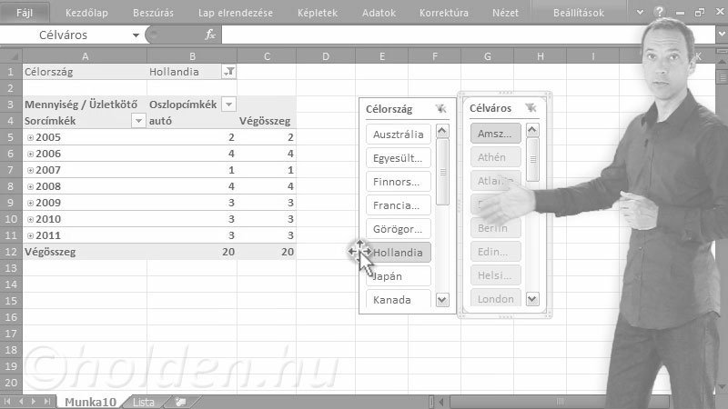 Excel Oktatóvideó, Listakezelés I., sorbarendezés
szűrés
ismétlődések eltávolítása
kimutatás
részösszeg
feltételes formázás, Kimutatás II., Pivot táblák továbbfejlesztése: Jelentésszűrő, Szeletelő.