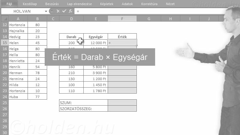 Excel Oktatóvideó, Matematikai és Stat. függv., DARABTELI
SZUMHA
SZUMHATÖBB
DARABHATÖBB
PADLÓ
PLAFON
KICSI
NAGY
KEREKÍTÉS
SZORZATÖSSZEG, Matematikai függvények, KEREKÍTÉS, SZORZATÖSSZEG, GYAKORISÁG függvények