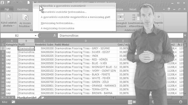 Excel Oktatóvideó, Excel alapok, munkafüzet, munkalap, cella fogalma,
cellakitöltés (sorozatok, másolás),
cellaformázások,
sor/oszlop műveletek,
számformátumok,
dátum kezelés,
oldalbeállítás,
fejléc/lábléc,
nyomtatási beállítások, Munkaterület, Nézet kicsinyítés/nagyítás, ablaktábla rögzítése