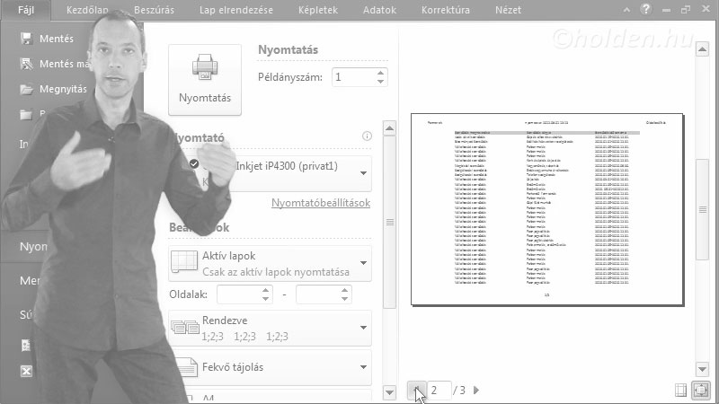 Excel Oktatóvideó, Excel alapok, munkafüzet, munkalap, cella fogalma,
cellakitöltés (sorozatok, másolás),
cellaformázások,
sor/oszlop műveletek,
számformátumok,
dátum kezelés,
oldalbeállítás,
fejléc/lábléc,
nyomtatási beállítások, Oldalbeállítás, Állítsuk be az A4-es lapot nyomtatás előtt: oldalszám, élőfej/láb....