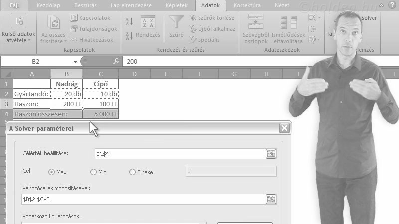 Excel Oktatóvideó, Adatelemzés, Célérték-keresés
Solver
Esetvizsgáló, Solver, A Célérték-keresés továbbfejlesztett eszköze összetett számítások elvégzésére.