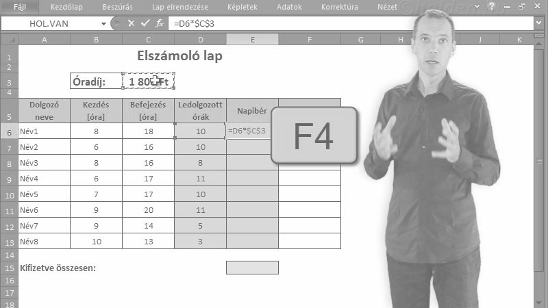 Excel Oktatóvideó, Számolás, képletek
műveleti jelek
hivatkozások
(relatív, abszolút:$)
alapfüggvények
(SZUM, ÁTLAG, DARAB), Számolás, hivatkozások, Cellahivatkozások, képletek, SZUM függvény.