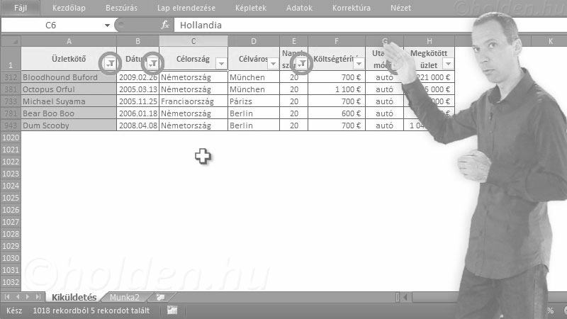 Excel Oktatóvideó, Listakezelés I., sorbarendezés
szűrés
ismétlődések eltávolítása
kimutatás
részösszeg
feltételes formázás, Szűrés, Táblázat adatainak leválogatása, szűrés több feltétel alapján.