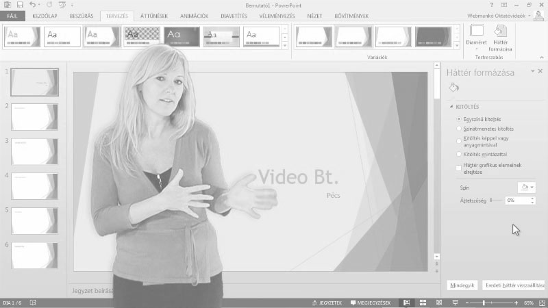 Powerpoint Oktatóvideó, Prezentáció, áttűnések
háttér
egyéni animációk
bemutató sepciális beállításai (egyéni vetítések, dia elrejtése stb.)
diaminta létrehozása/mentése sablonként
nyomtatási lehetőségek
mentési formátumok, Bemutató összeállítása, Vázlat nézet, vázlat importálása, háttér témái, diák közti áttűnés.