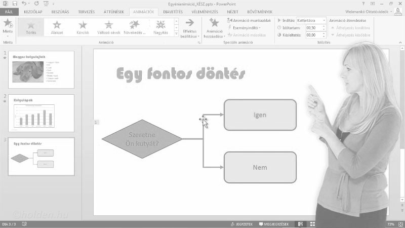 Powerpoint Oktatóvideó, Prezentáció, áttűnések
háttér
egyéni animációk
bemutató sepciális beállításai (egyéni vetítések, dia elrejtése stb.)
diaminta létrehozása/mentése sablonként
nyomtatási lehetőségek
mentési formátumok, Egyéni animáció, Diatartalom animálása (Megjelenés, Kiemelés, Eltűnés), munkaablak, diagram és folyamatábra animálása.
