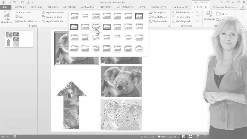 Powerpoint Oktatóvideó, Diatartalom II., táblázat
diagram
folyamatábra
SmartArt ábrák, Kép beszúrása, Kép fájlból, Netről, képernyőkép. Korrekció, stílusok, levágás.